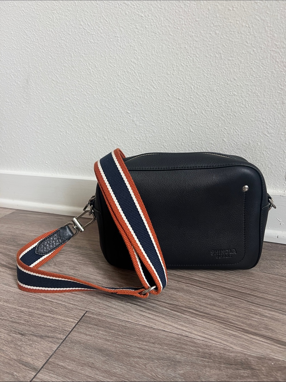 Shinola Camera Crossbody Bag Black with Navy, White & Rust Strap